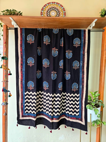 Ajrakh Hand Block Floral Printed Cotton Dupatta - Black