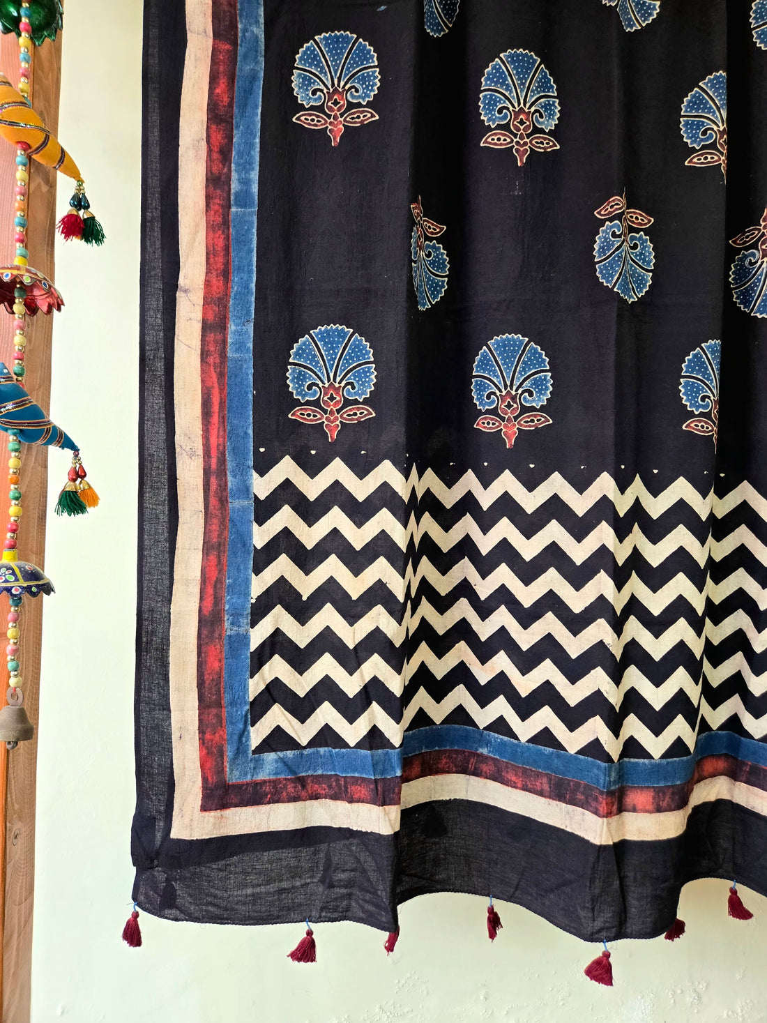 Ajrakh Hand Block Floral Printed Cotton Dupatta - Black