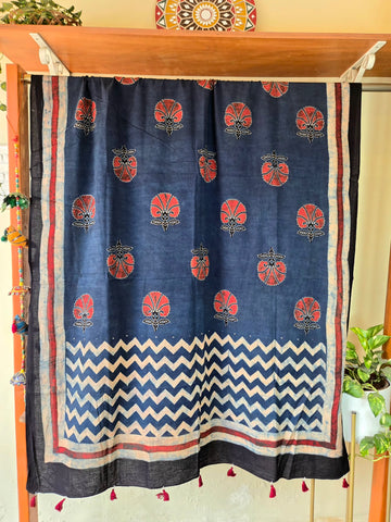 Ajrakh Hand Block Floral Printed Cotton Dupatta -  Indigo