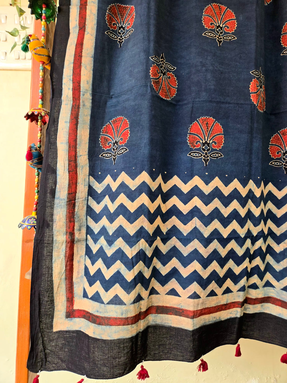 Ajrakh Hand Block Floral Printed Cotton Dupatta -  Indigo