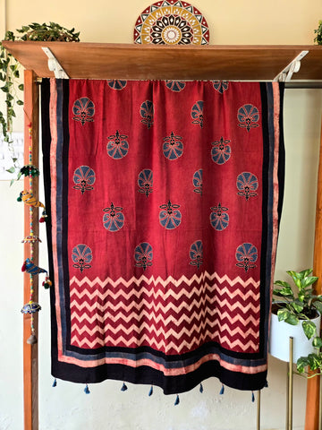 Ajrakh Hand Block Floral Printed Cotton Dupatta - Rust