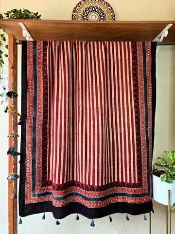 Ajrakh Hand Block Stripes Printed Cotton Dupatta - Rust