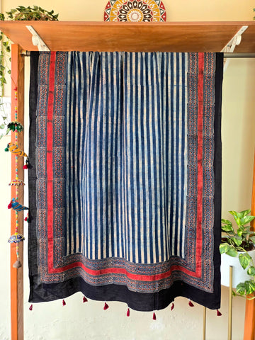 Ajrakh Hand Block Stripes Printed Cotton Dupatta - Indigo