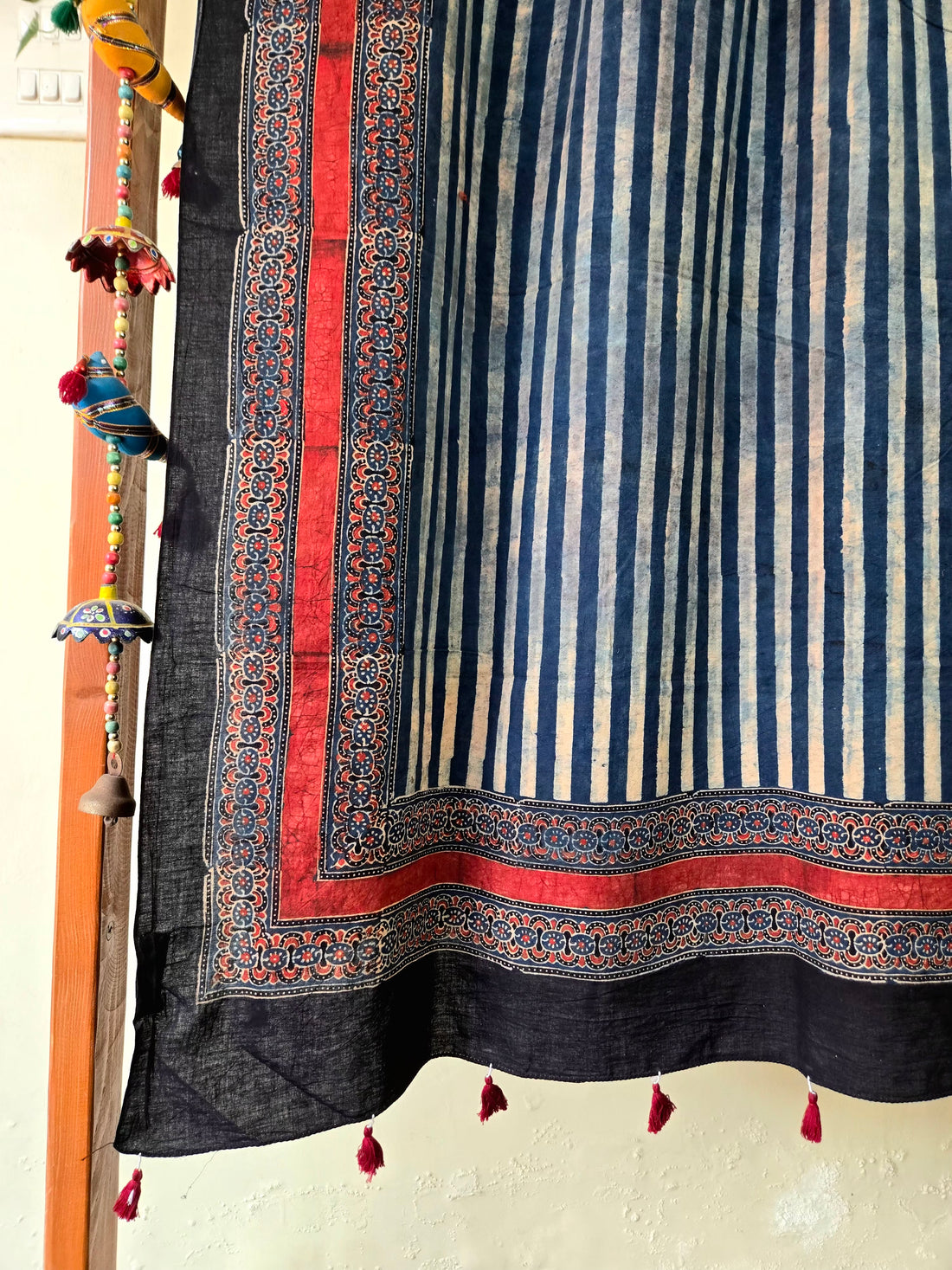 Ajrakh Hand Block Stripes Printed Cotton Dupatta - Indigo