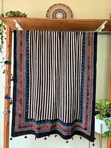Ajrakh Hand Block Stripes Printed Cotton Dupatta - Black