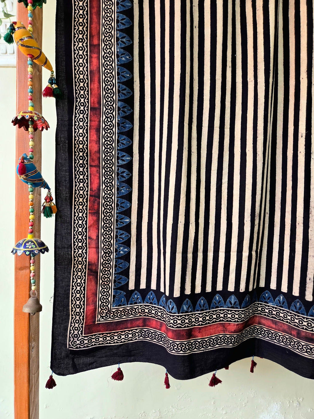 Ajrakh Hand Block Stripes Printed Cotton Dupatta - Black