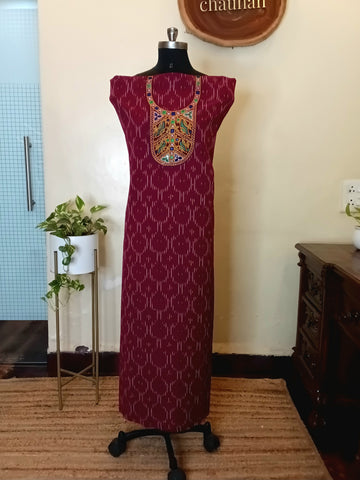 Ikkat Ahir Work Unstitched Kurti - Maroon