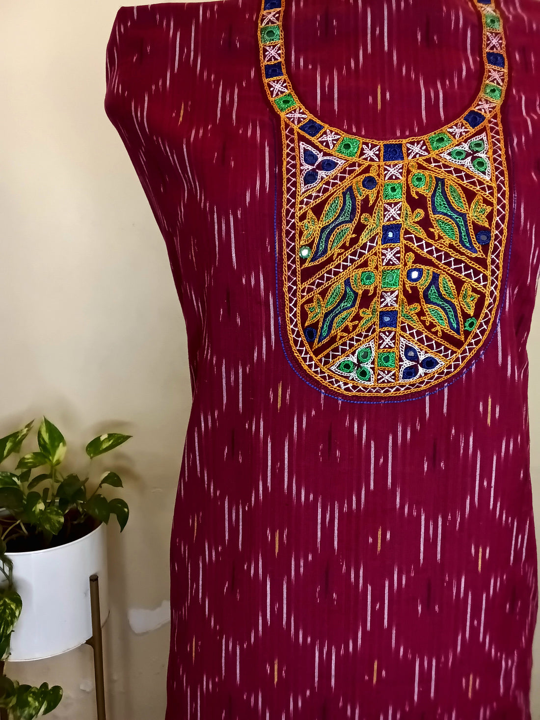 Ikkat Ahir Work Unstitched Kurti - Maroon