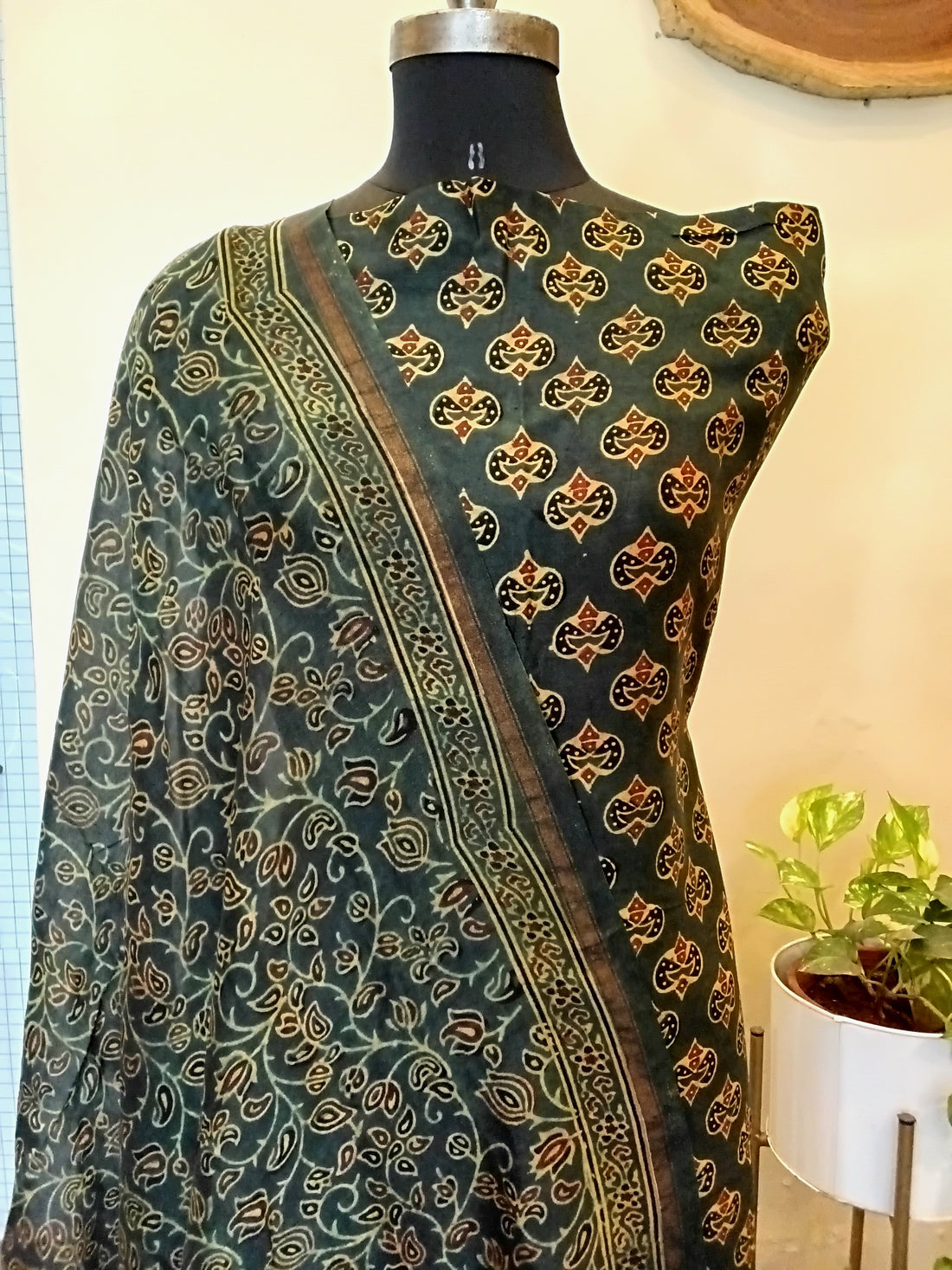 Ajrakh Chanderi Unstitched Kurta Dupatta Set - Olive Green