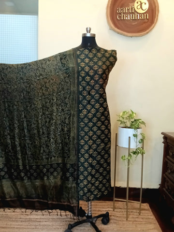 Ajrakh Chanderi Unstitched Kurta Dupatta Set - Olive Green