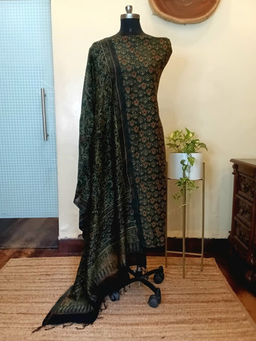 Ajrakh Chanderi Unstitched Floral Kurta Dupatta Set - Olive Green