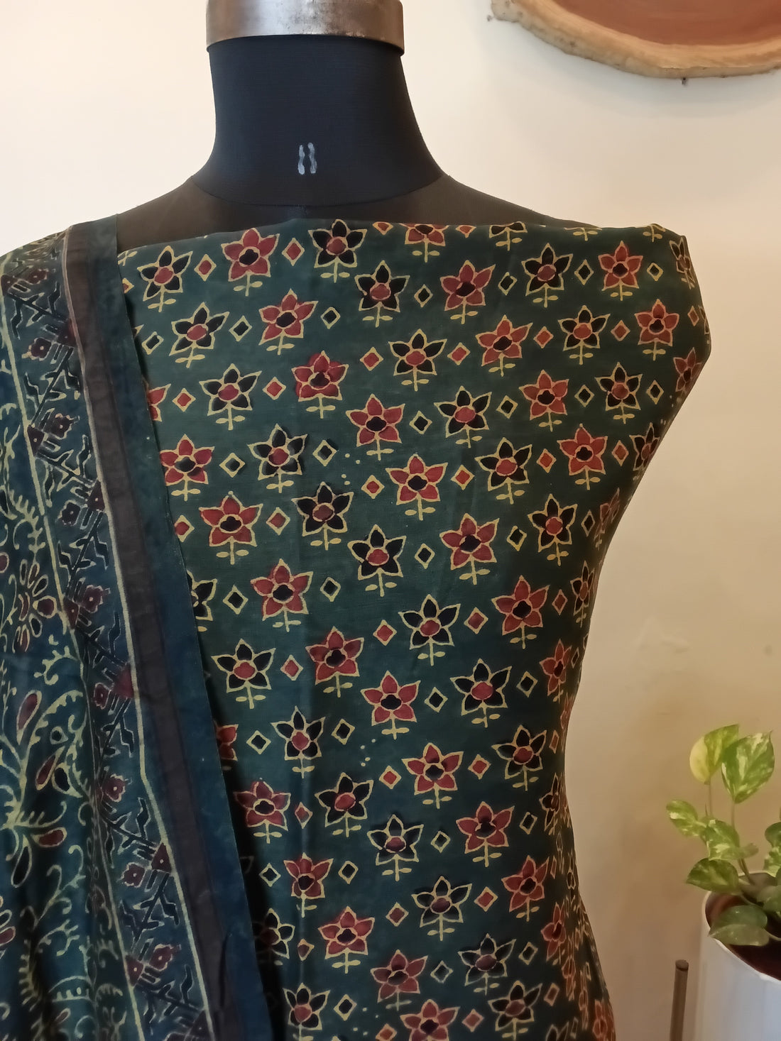 Ajrakh Chanderi Unstitched Floral Kurta Dupatta Set - Olive Green