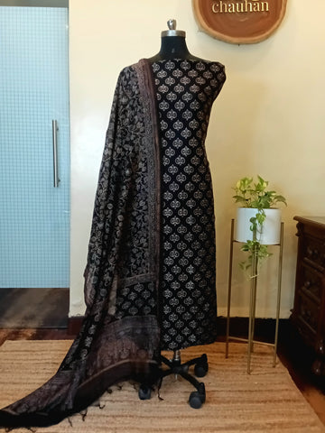 Ajrakh Chanderi Unstitched Kurta Dupatta Set - Black