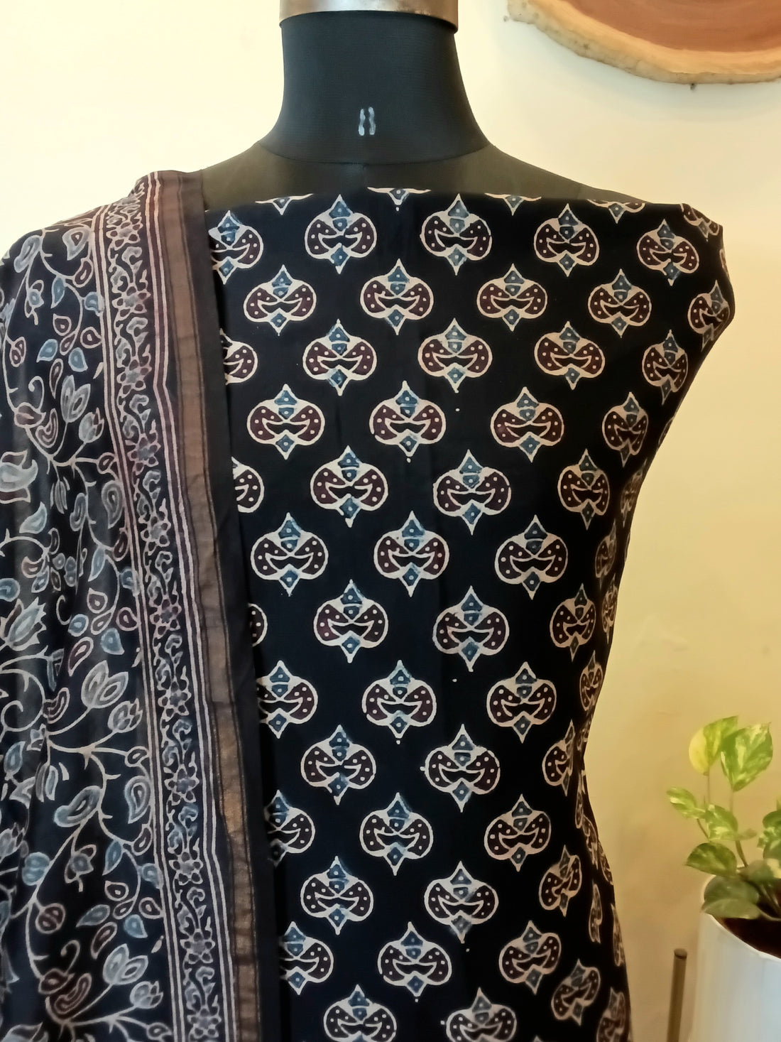 Ajrakh Chanderi Unstitched Kurta Dupatta Set - Black