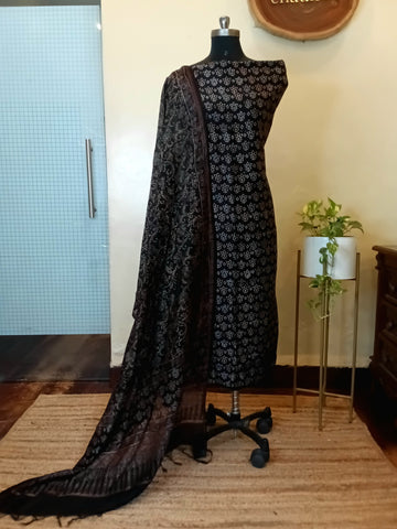 Ajrakh Chanderi Unstitched Floral Kurta Dupatta Set - Black 1
