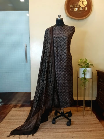 Ajrakh Chanderi Unstitched Floral Kurta Dupatta Set - Black 2