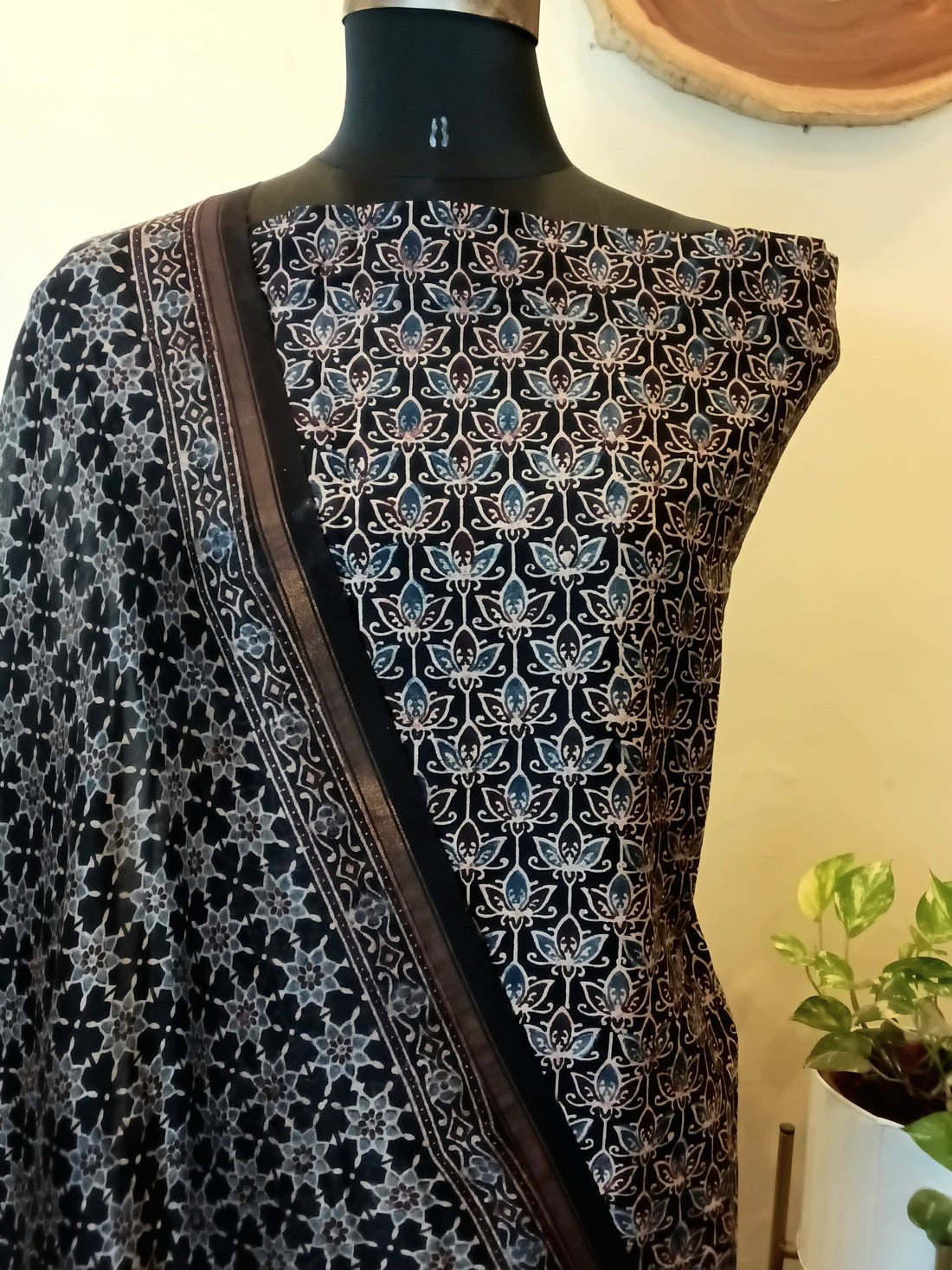 Ajrakh Chanderi Unstitched Floral Kurta Dupatta Set - Black 2