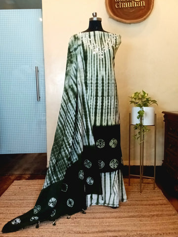 Shibori Unstitched 3 Piece Set - Olive Green