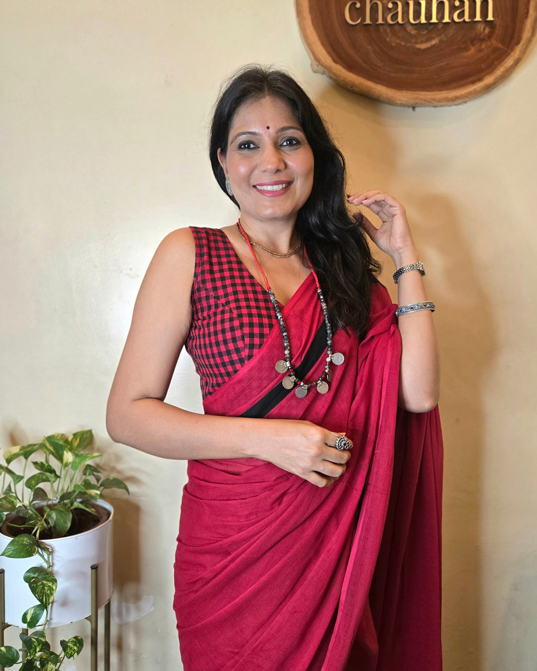 Checkmate Mul Saree -  Red