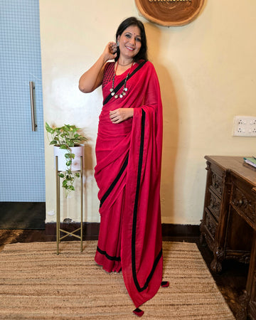 Checkmate Mul Saree -  Red