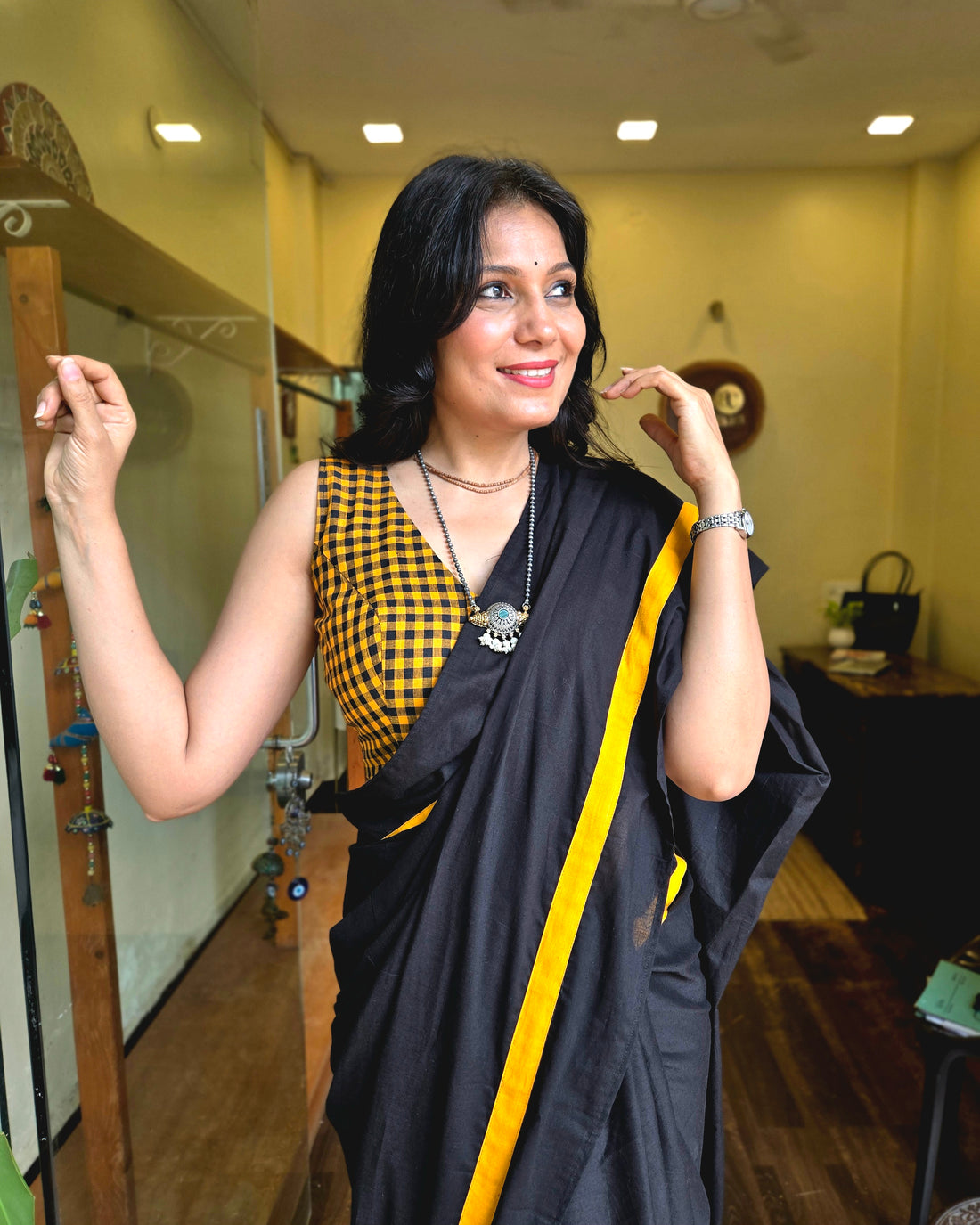 Checkmate Mul Saree - Black