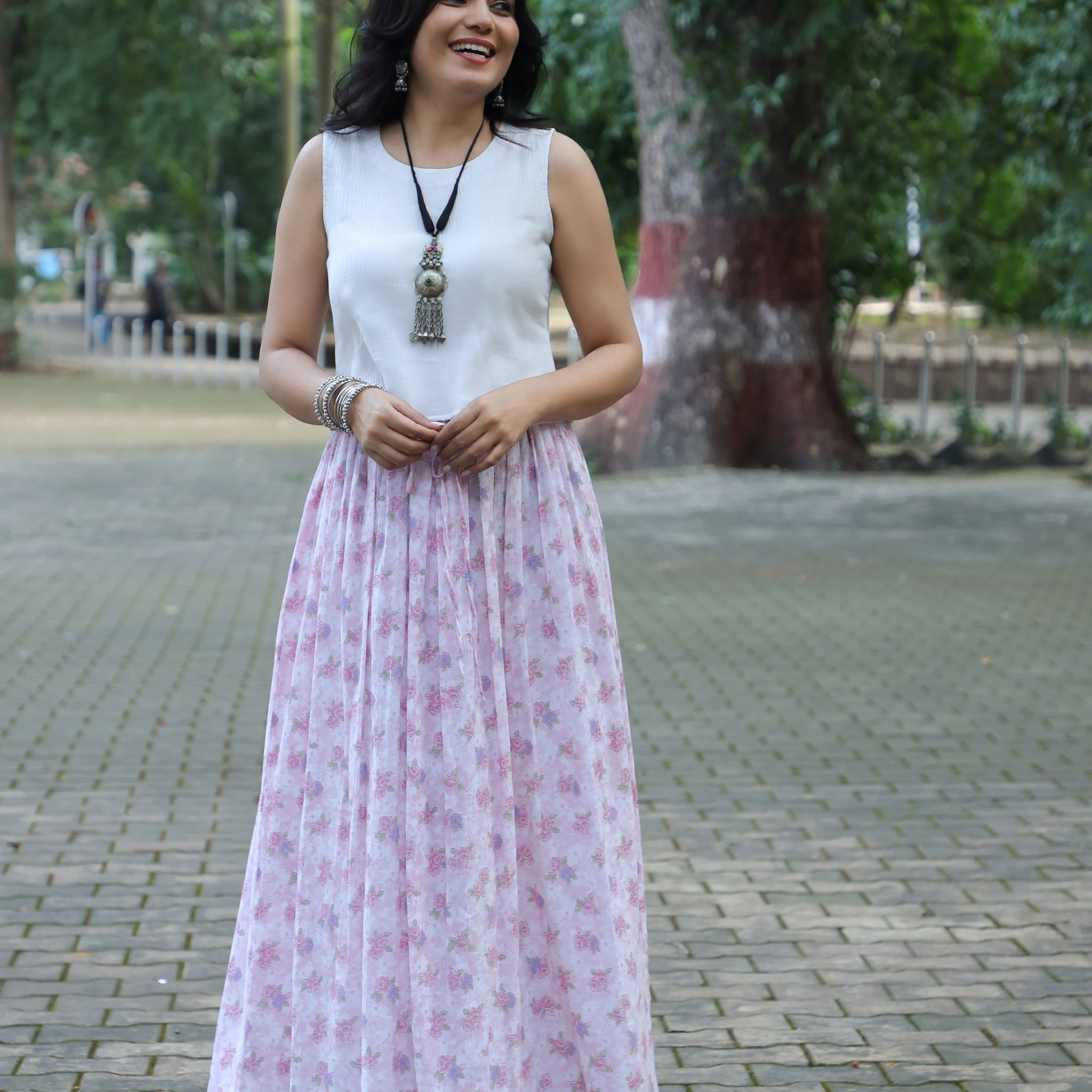 Gulzar-Crushed Cotton Pink Skirt