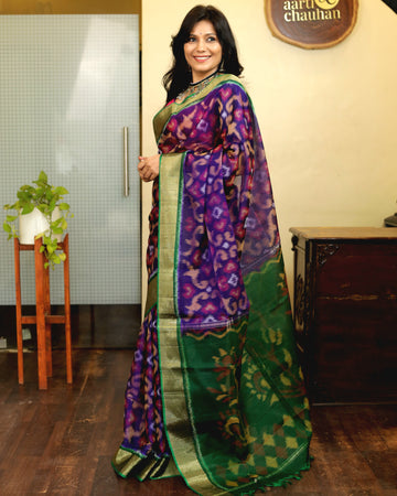 "Navrang Patola"- Handloom Cotton Silk Saree Purple Green