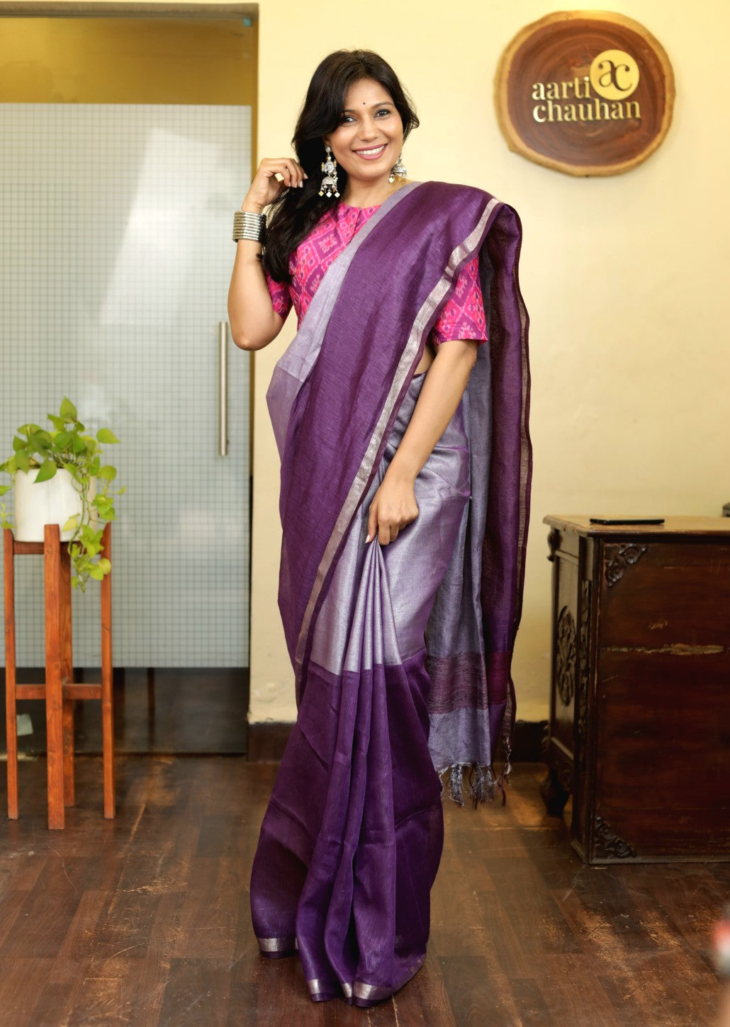 Woven Linen Saree Purple