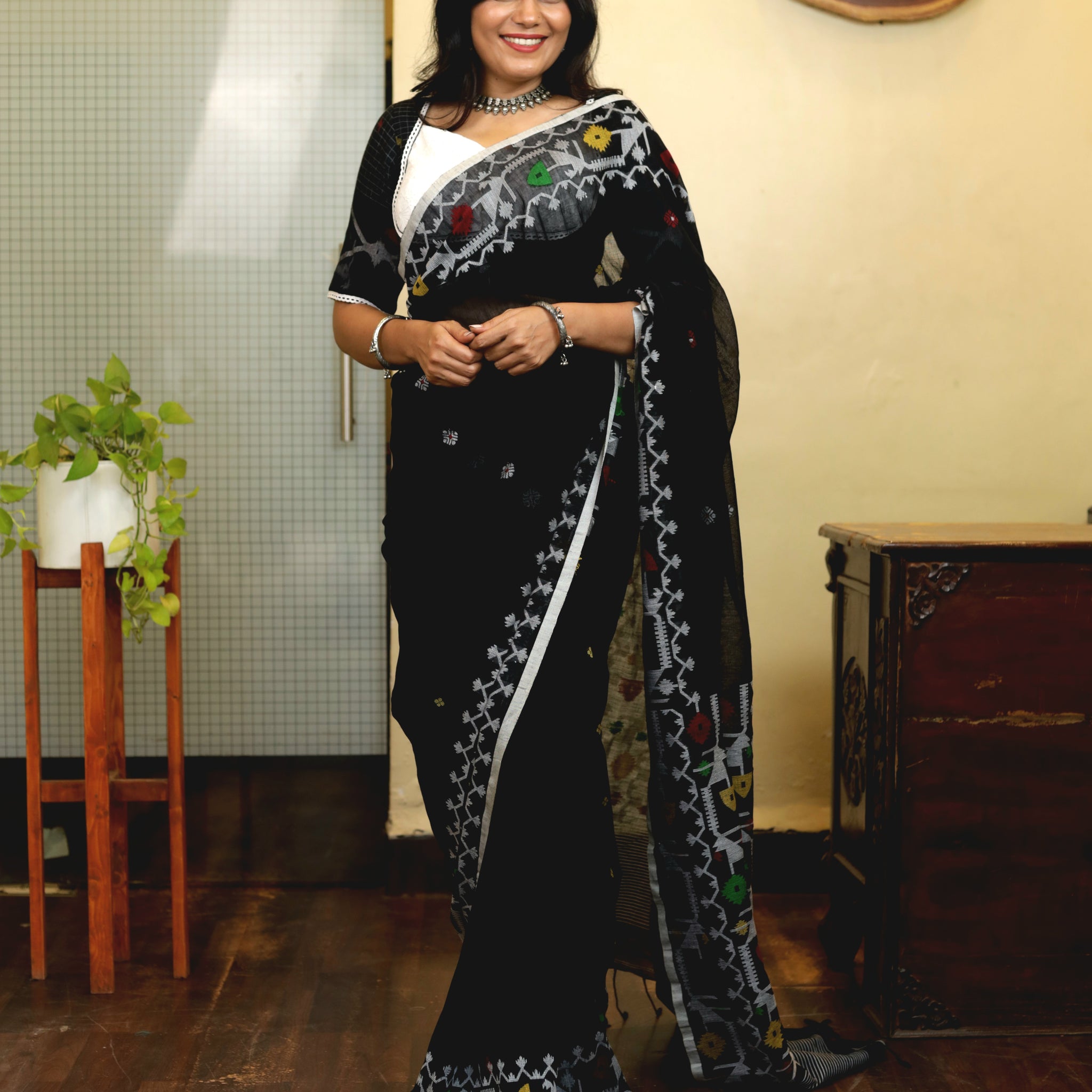 Cotton Jamdani Saree Black