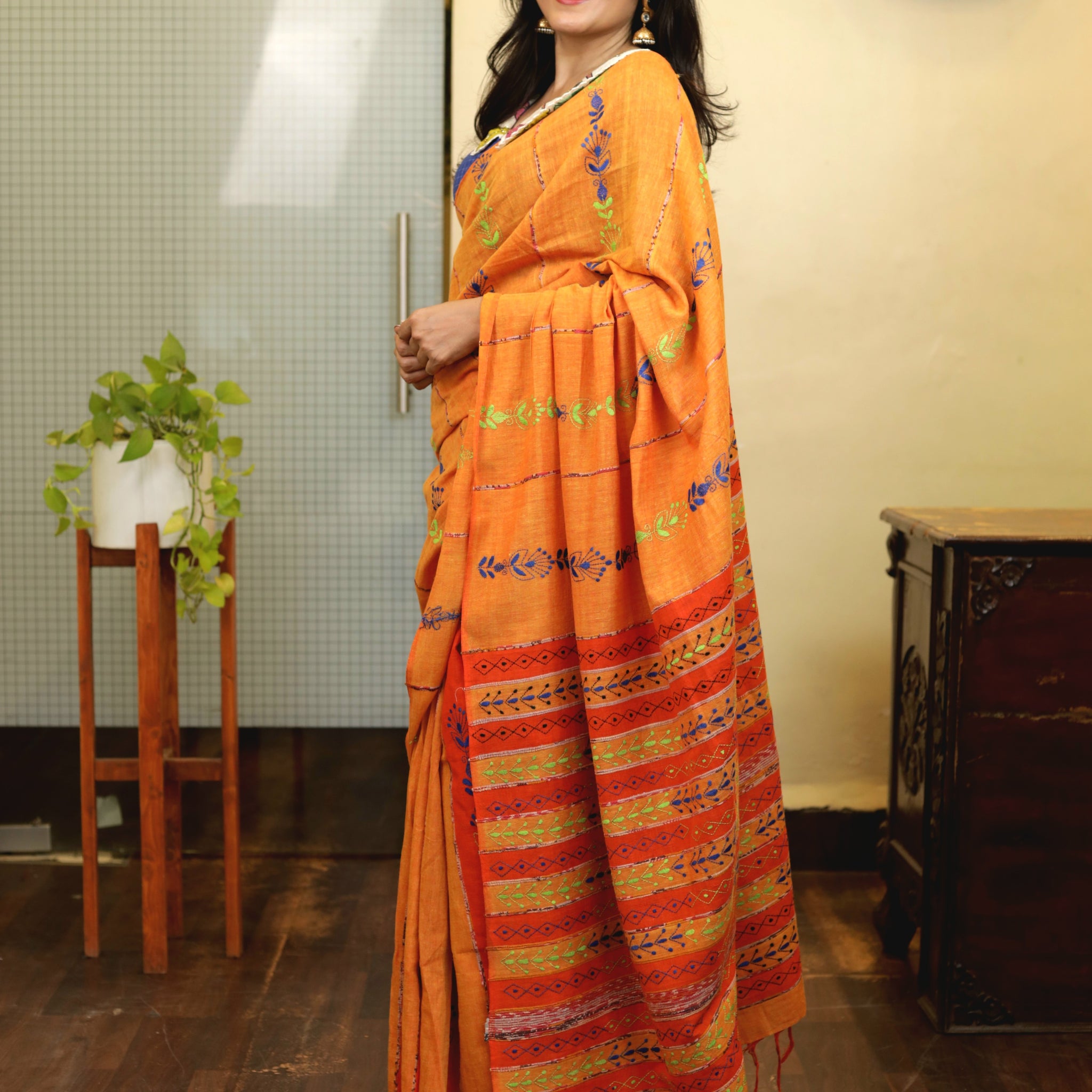 Woven Khesh Cotton Kantha Work Saree - Orange