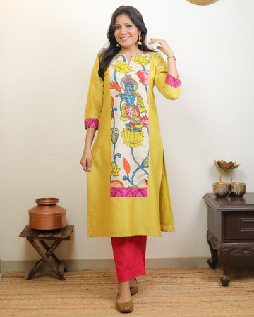 Leela-Kalamkari Patch Work Kurti Yellow