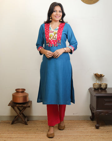 Leela-Kalamkari Patch Work Kurti Blue
