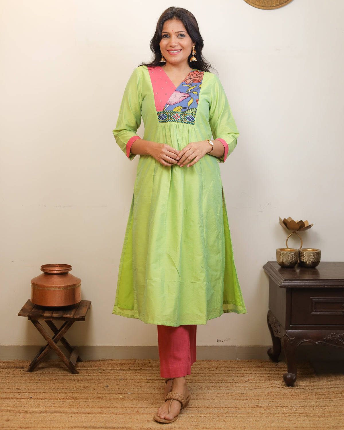 Leela-Kalamkari Patch Work Kurti Green