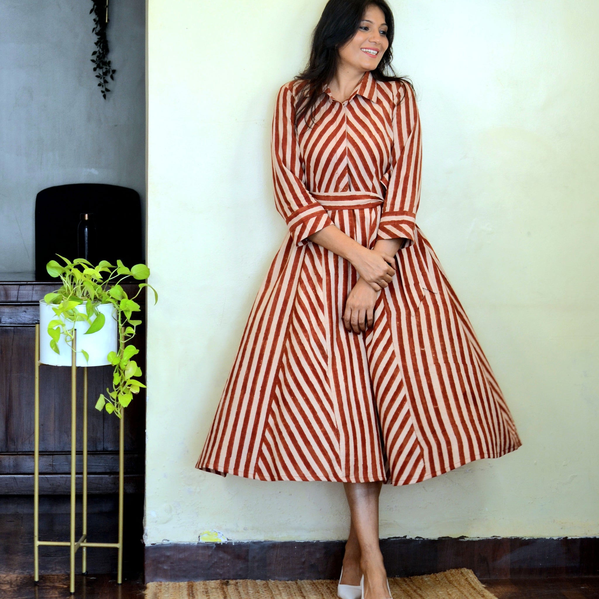Dots n Matrix-Ajrakh Striped Dress Rust