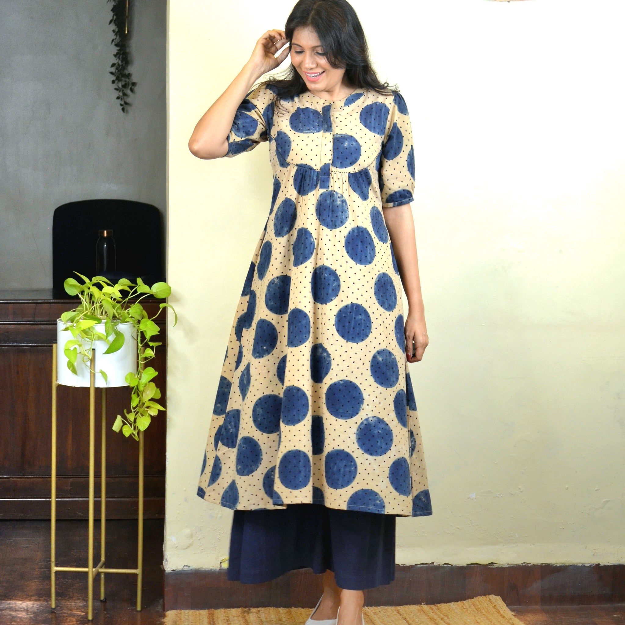 Dots n Matrix-Ajrakh Polka Kurti Indigo