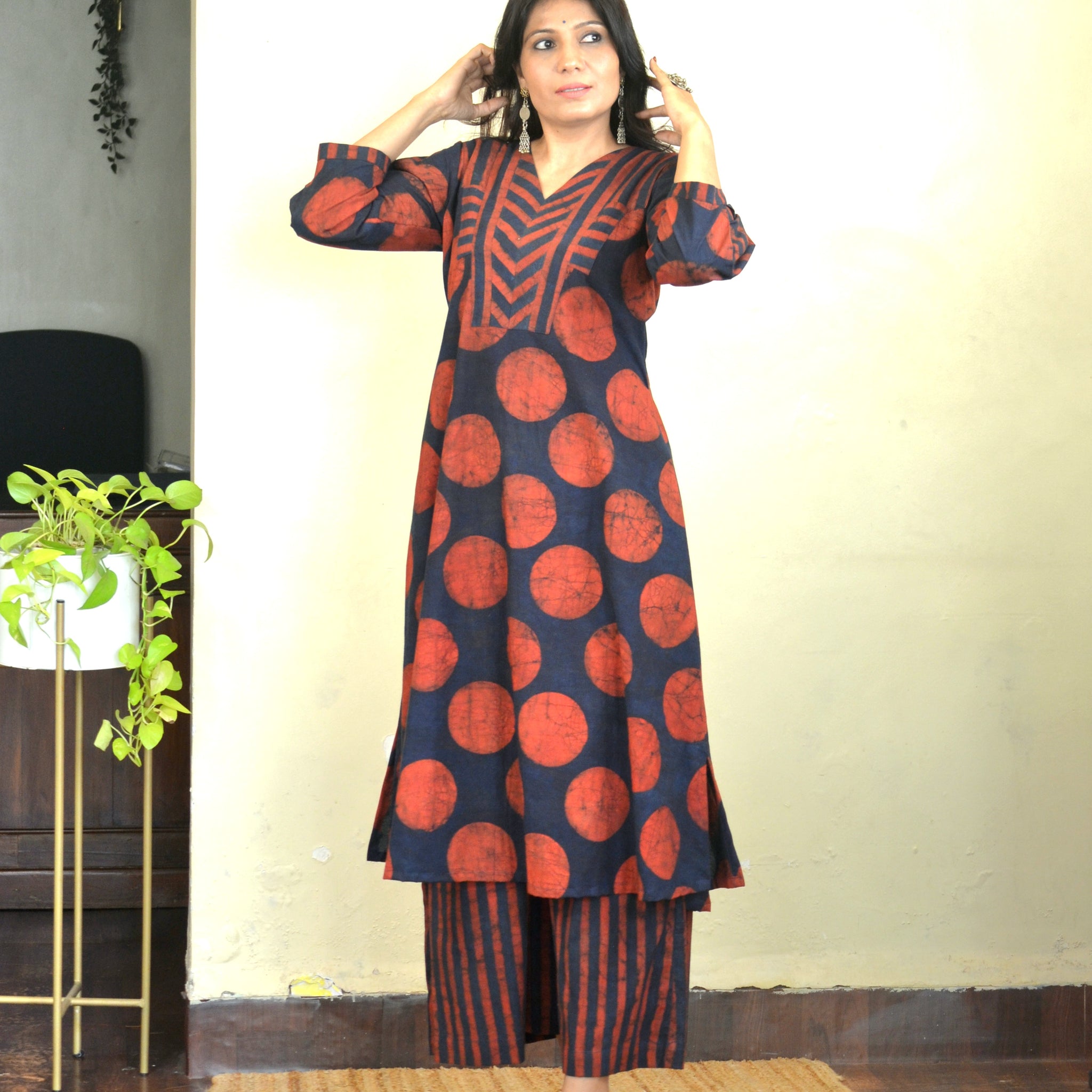 Dots n Matrix-Ajrakh Polka Kurti Rust