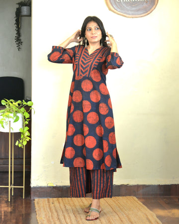 Dots n Matrix-Ajrakh Polka Kurti Rust