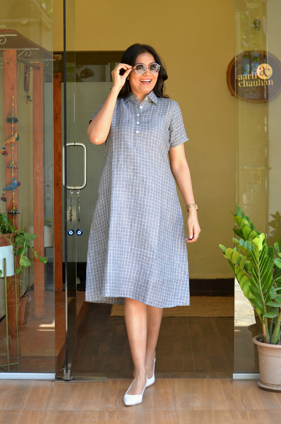 Woven Linen Checkered Dress - Grey