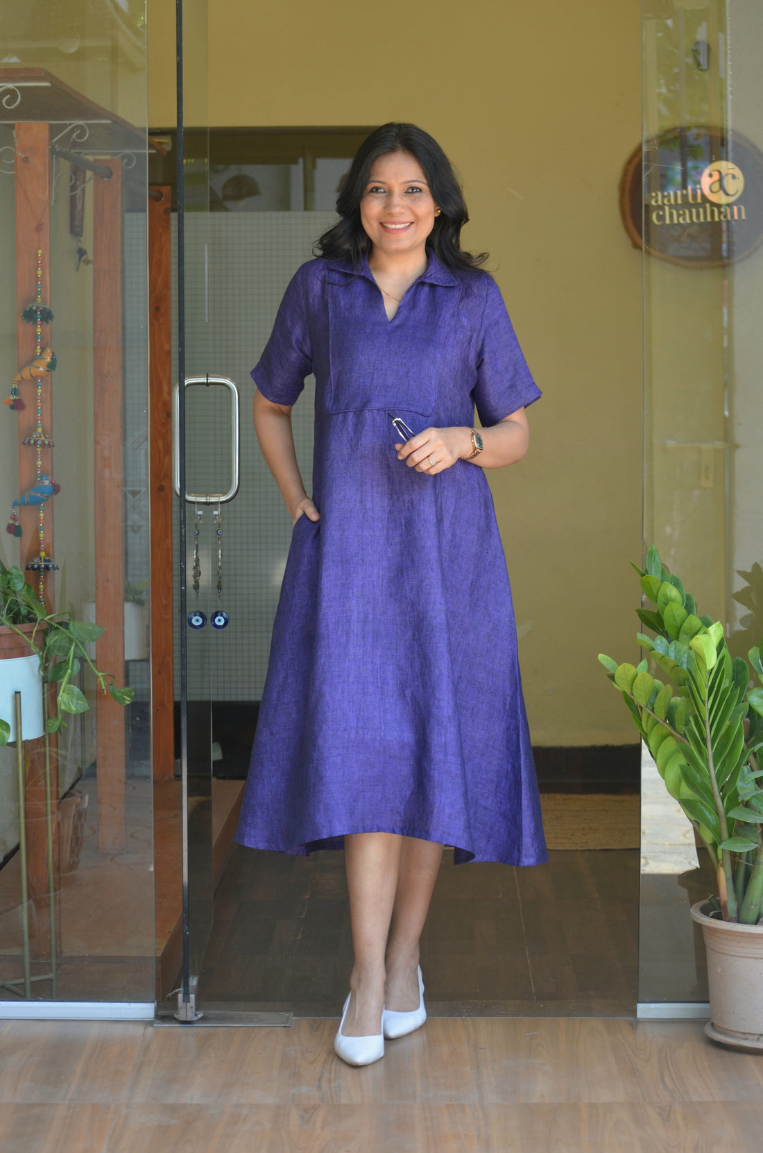 Woven Linen Dress - Purple