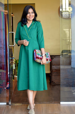 'Color Splash' - Green Cotton Coat collar dress