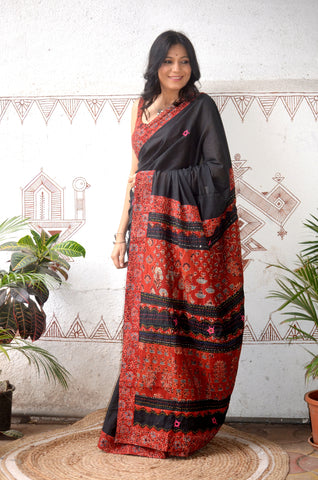 Mul Cotton Hand Embroidered Saree Black rust1