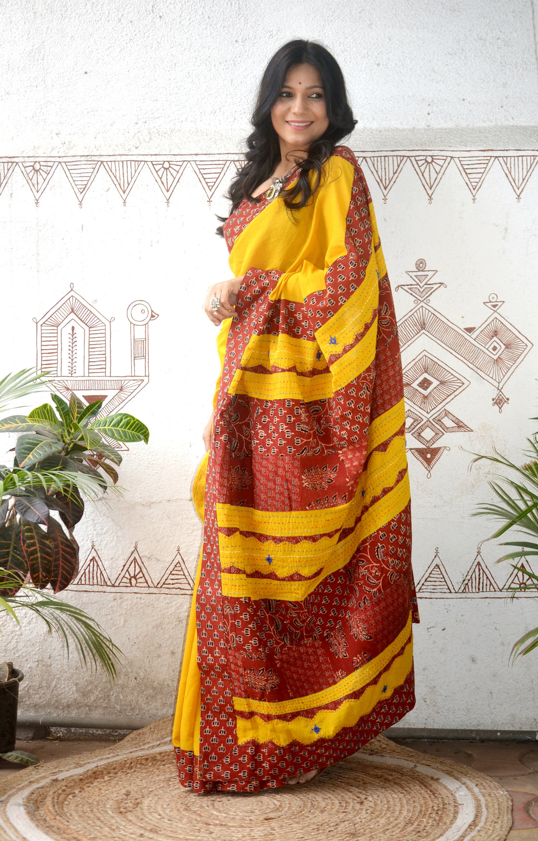 Mul Cotton Hand Embroidered Saree Yellow rust1