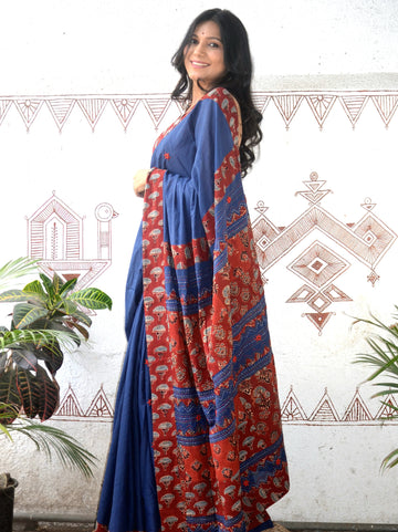 Mul Cotton Hand Embroidered Saree Blue rust