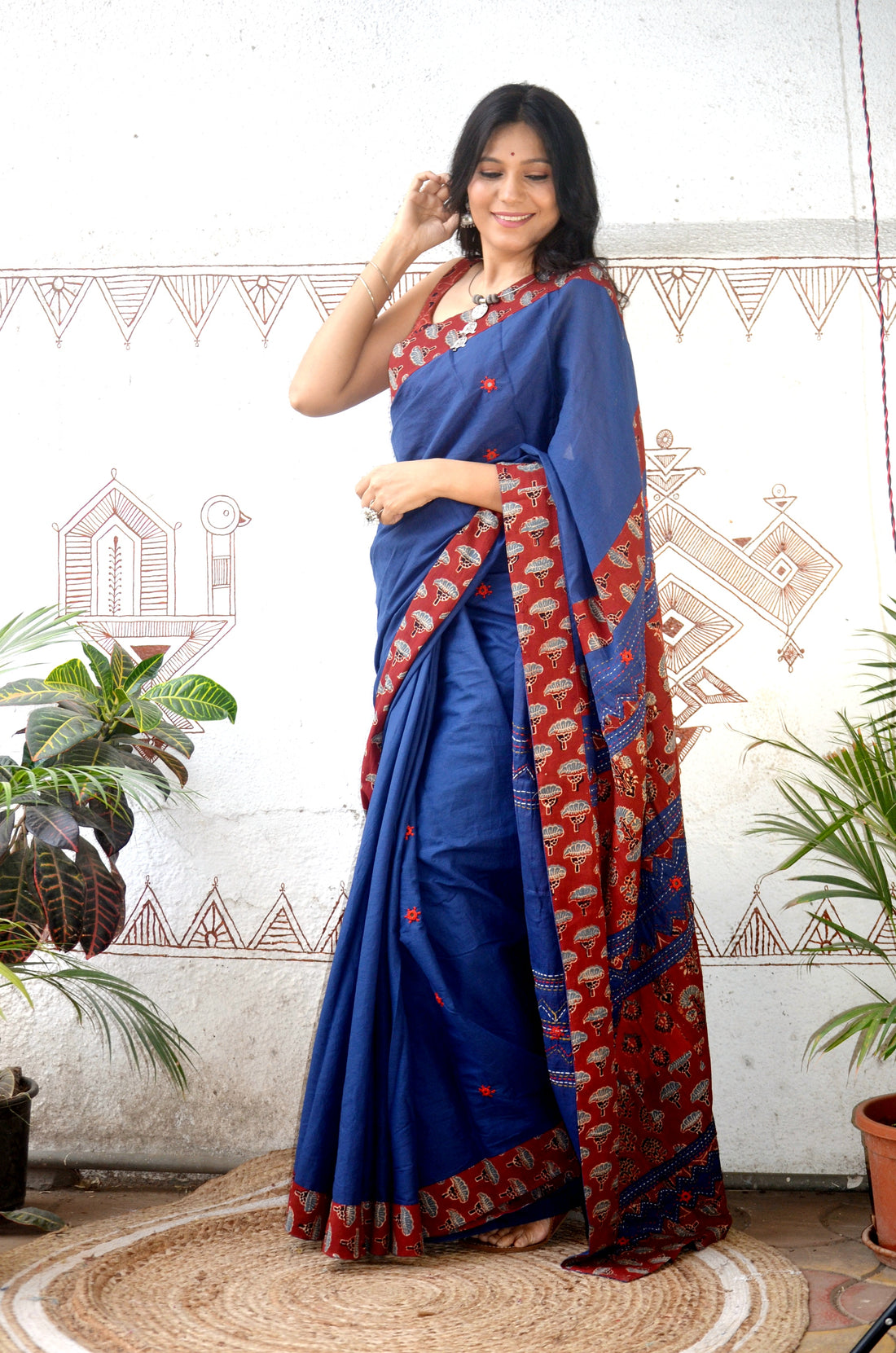 Mul Cotton Hand Embroidered Saree Blue rust