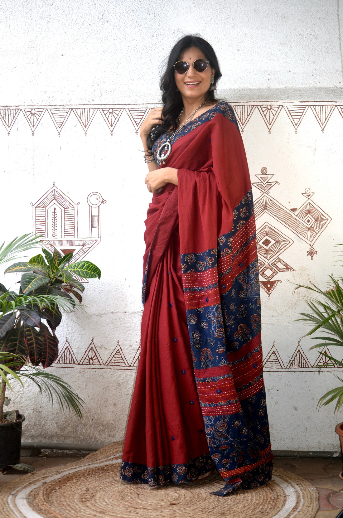 Mul Cotton Hand Embroidered Saree Rust blue