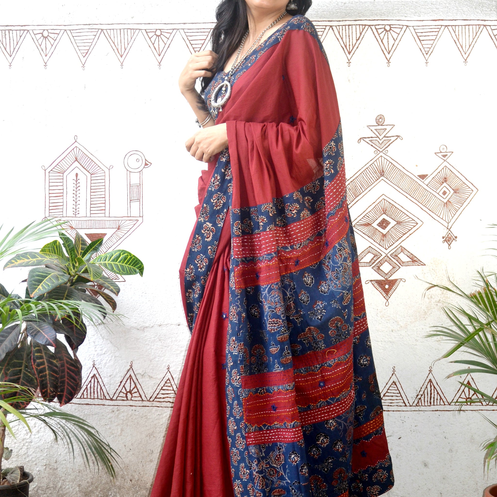 Mul Cotton Hand Embroidered Saree Rust blue