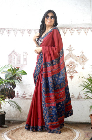 Mul Cotton Hand Embroidered Saree Rust blue