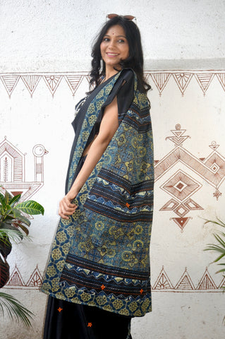 Mul Cotton Hand Embroidered Saree Black blue