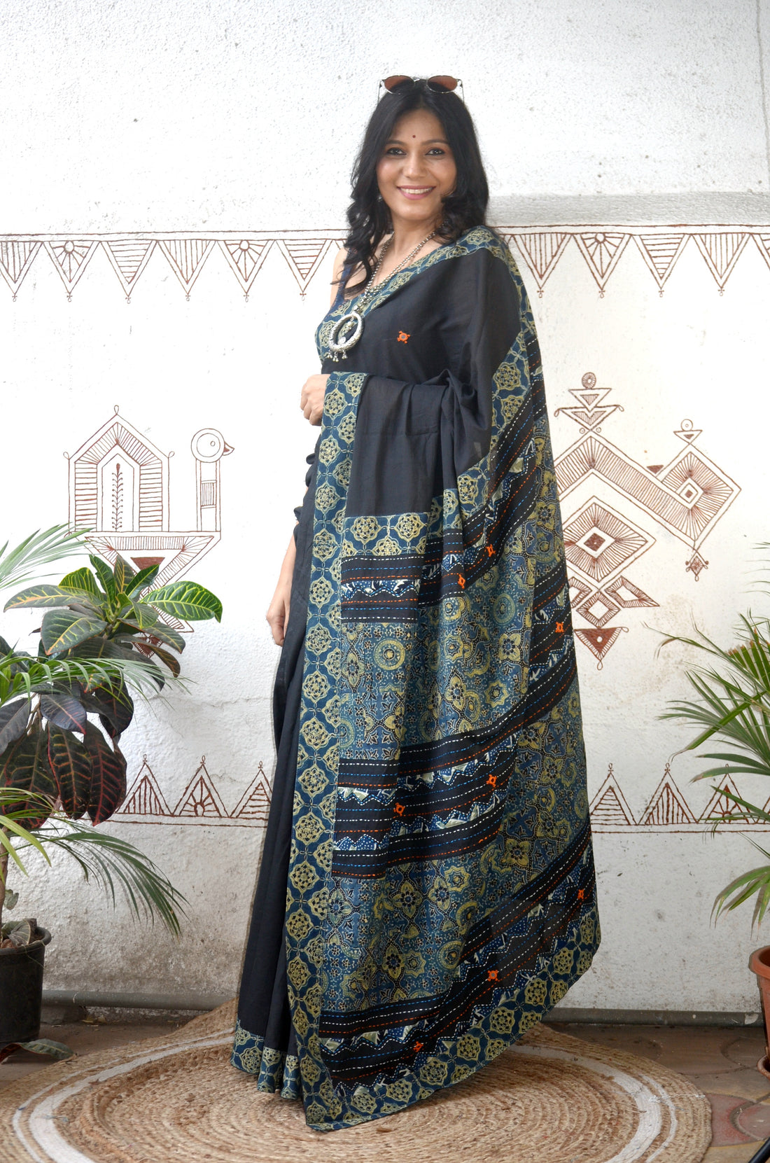 Mul Cotton Hand Embroidered Saree Black blue