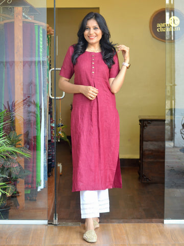 'Crisp N Cool' Pure Linen Kurti - Maroon